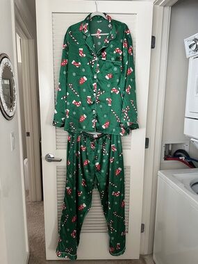 Green Holiday Pajama Set with Candy Cane & Stocking Print